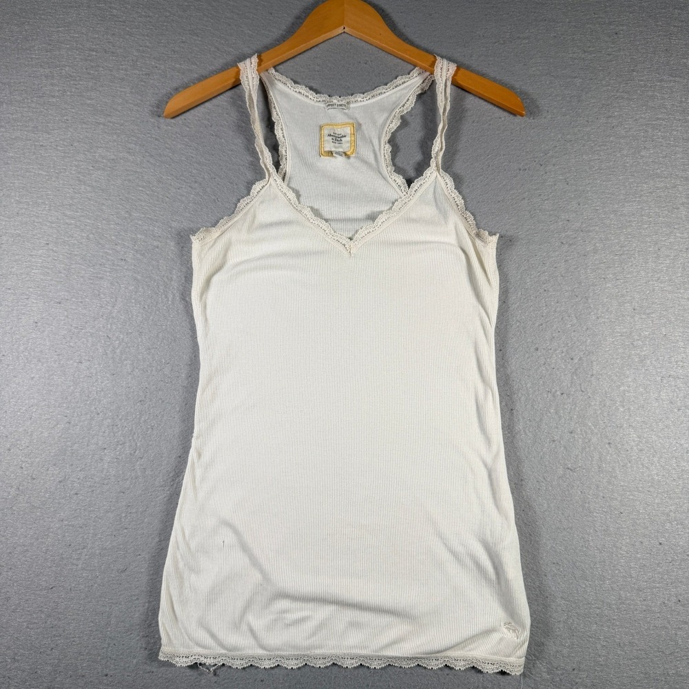 Vintage Abercrombie & Fitch White Lace Trim Ribbed Racerback Tank Top Small